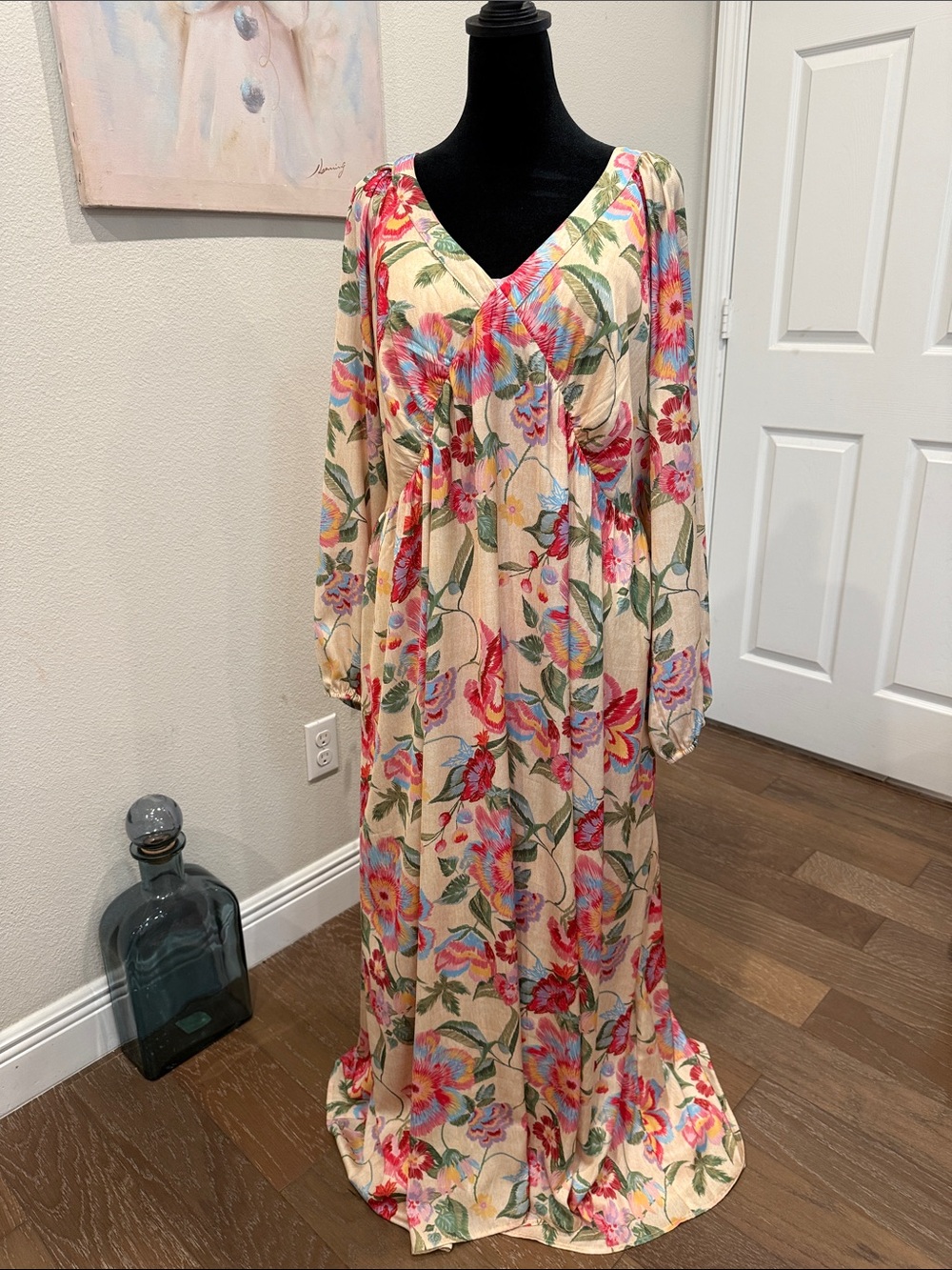 Skies Are Blue Floral Cream Maxi Dress with Pink & Green Blooms - Picture 1 of 9